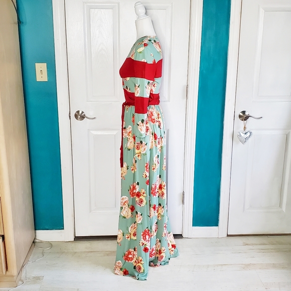 Reb & J Maxi Dress Vintage Floral Aqua  Green Red Elastic Waist NWOT Medium - Picture 5 of 16